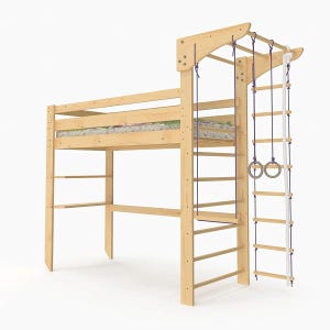 Puede incluir: Una cama alta de madera con una pared de escalada y barras de mono incorporadas. La cama tiene una escalera de madera y una escalera de cuerda. La cama también tiene un pequeño escritorio debajo.