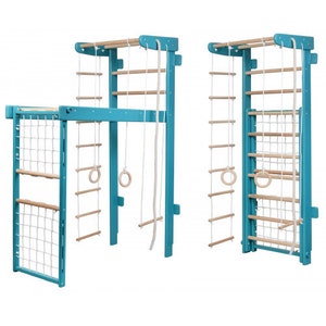 May include: A turquoise blue wooden playset with a climbing wall, rope ladder, and a rope swing. The playset has a net and a platform.