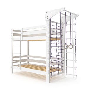 May include: White bunk bed with a climbing wall and rope ladder. The climbing wall has a purple rope net and two wooden rings. The bed has a white wooden ladder.