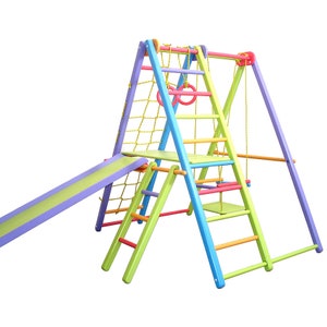 Houten speeltuin met glijbaan en apennet voor kinderen | Home Gymnastiek Binnen/Buiten Gym Klimmen | Kinderspeelplaats complex