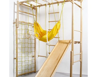 Wooden Playground for Kids with Hammock | Home Gymnastics | Indoor/Outdoor Gym Climbing | Children Playground Climbing Net| Rope attachments