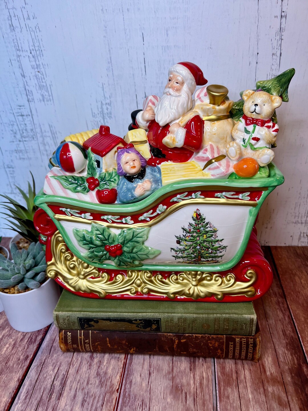 Vintage Spode Santa in Sleigh Cookie Jar, Vintage Cookie Jar, Christmas