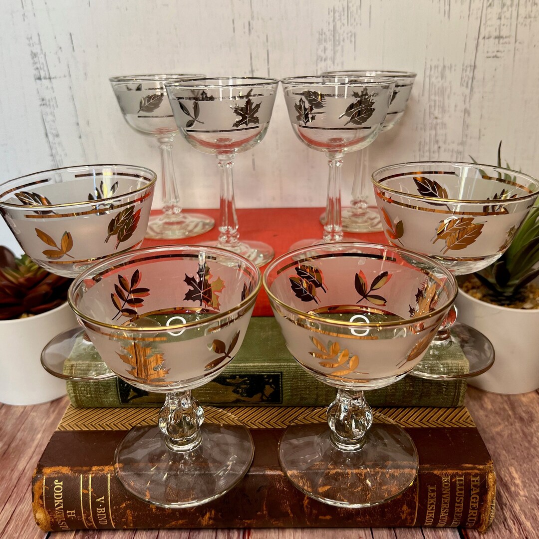 Vintage Libbey Silver Leaf Frosted Coupe Glasses or Libbey Golden