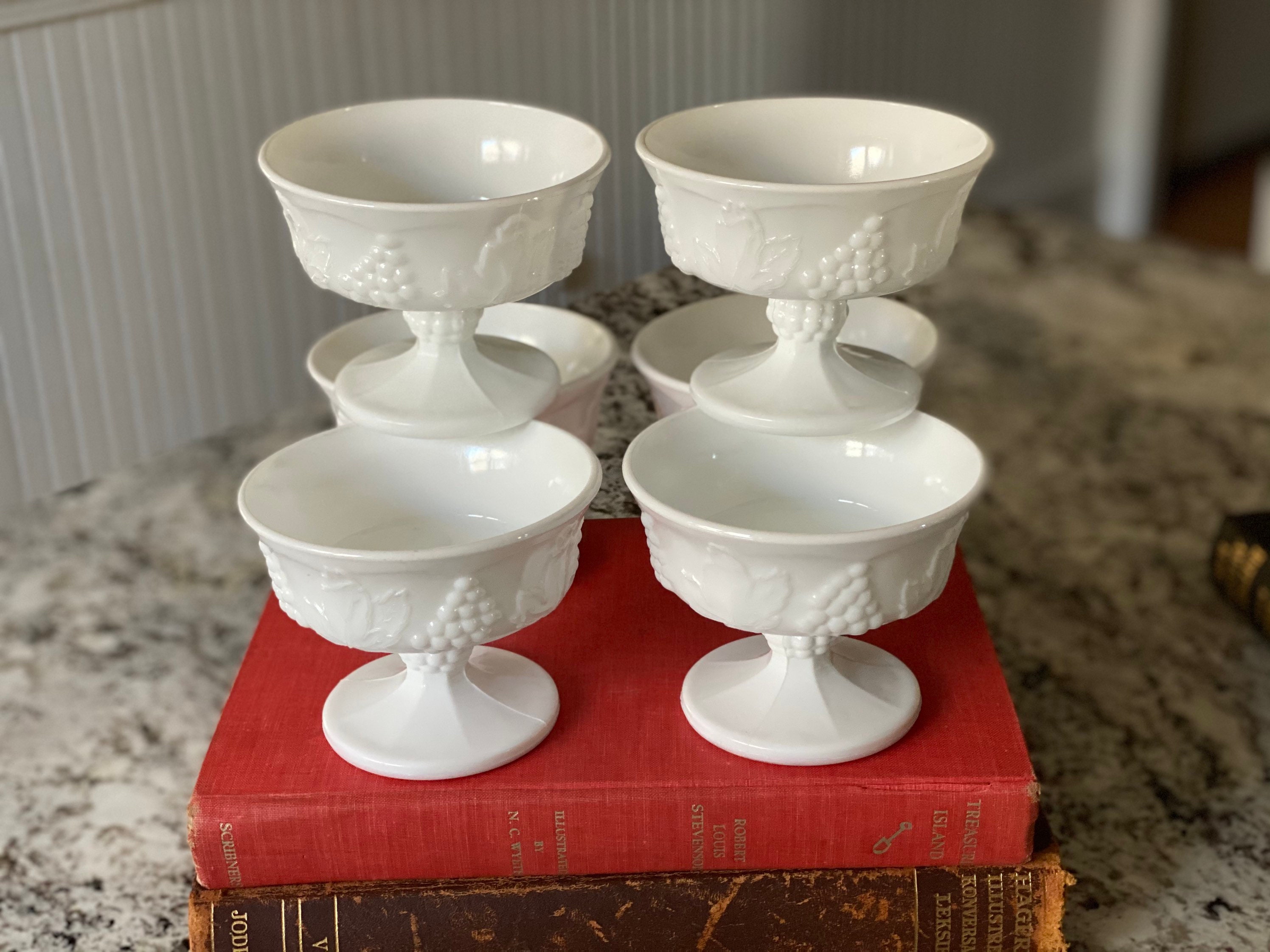 Vintage Milk Glass Grape Pattern Footed Sorbet Coupes Mini Compotes or  Dessert Cups 