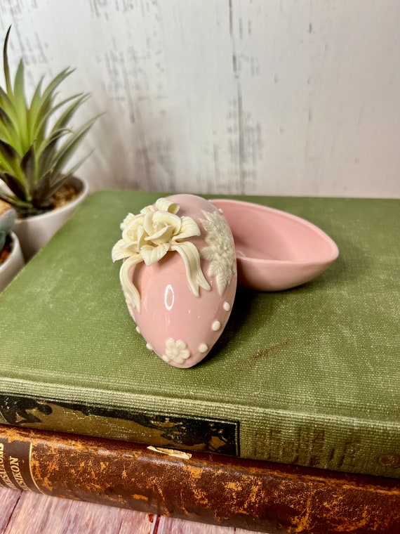 Vintage Pastel Pink Egg Trinket Box with Applied C