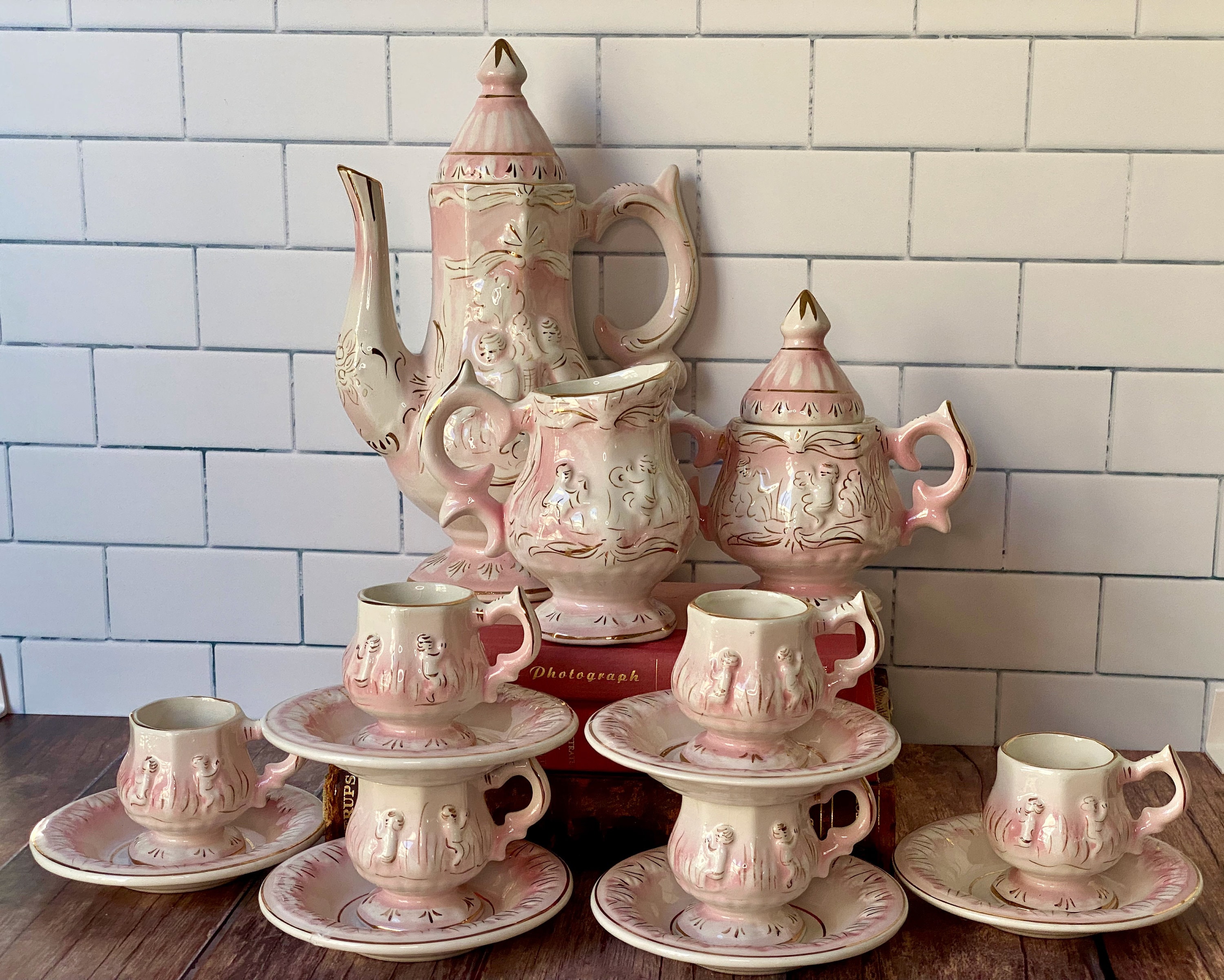 Vintage Pink Tea Set 17 Piece Majolica Tea Set From Portugal Etsy