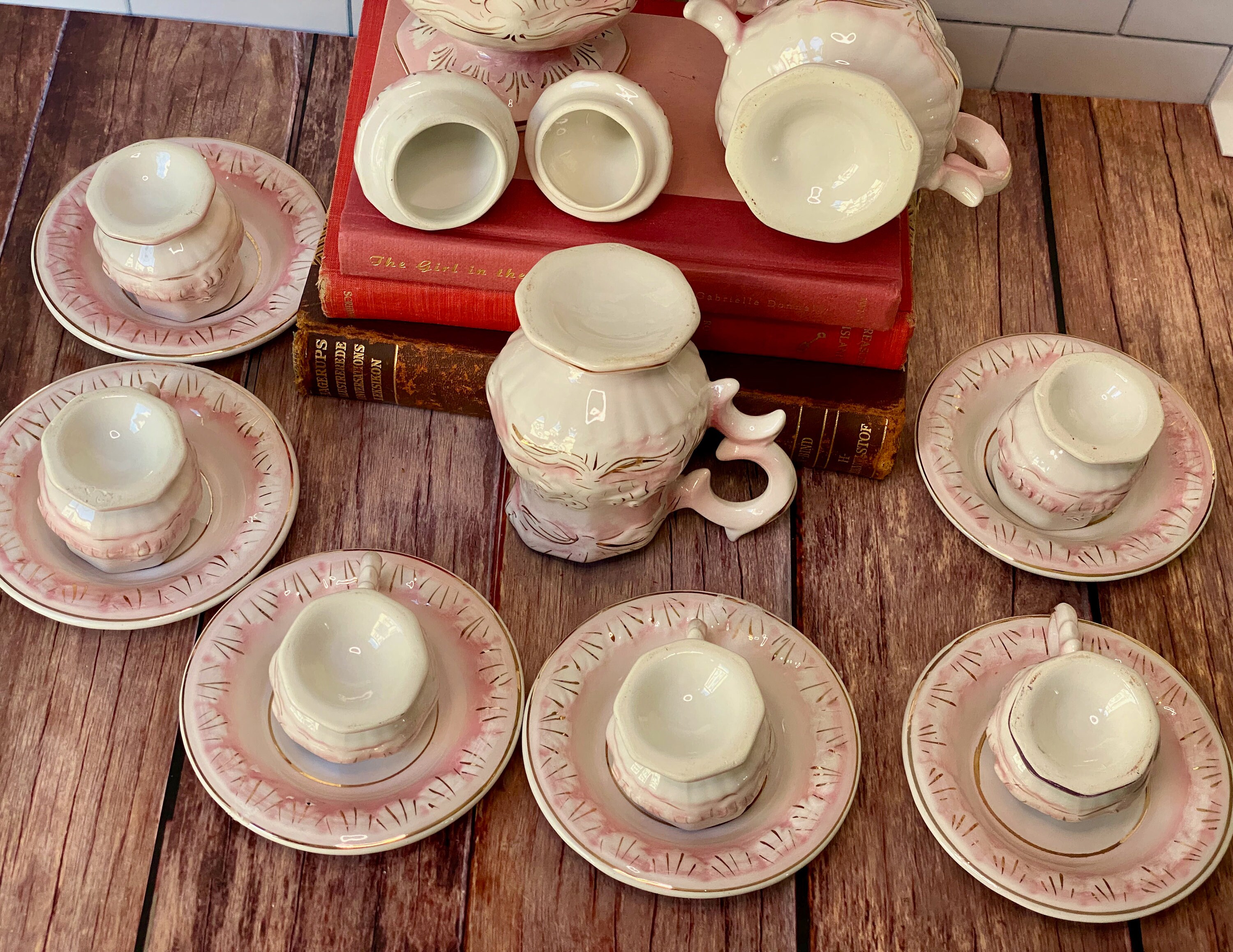 Vintage Pink Tea Set 17 Piece Majolica Tea Set From Portugal Etsy