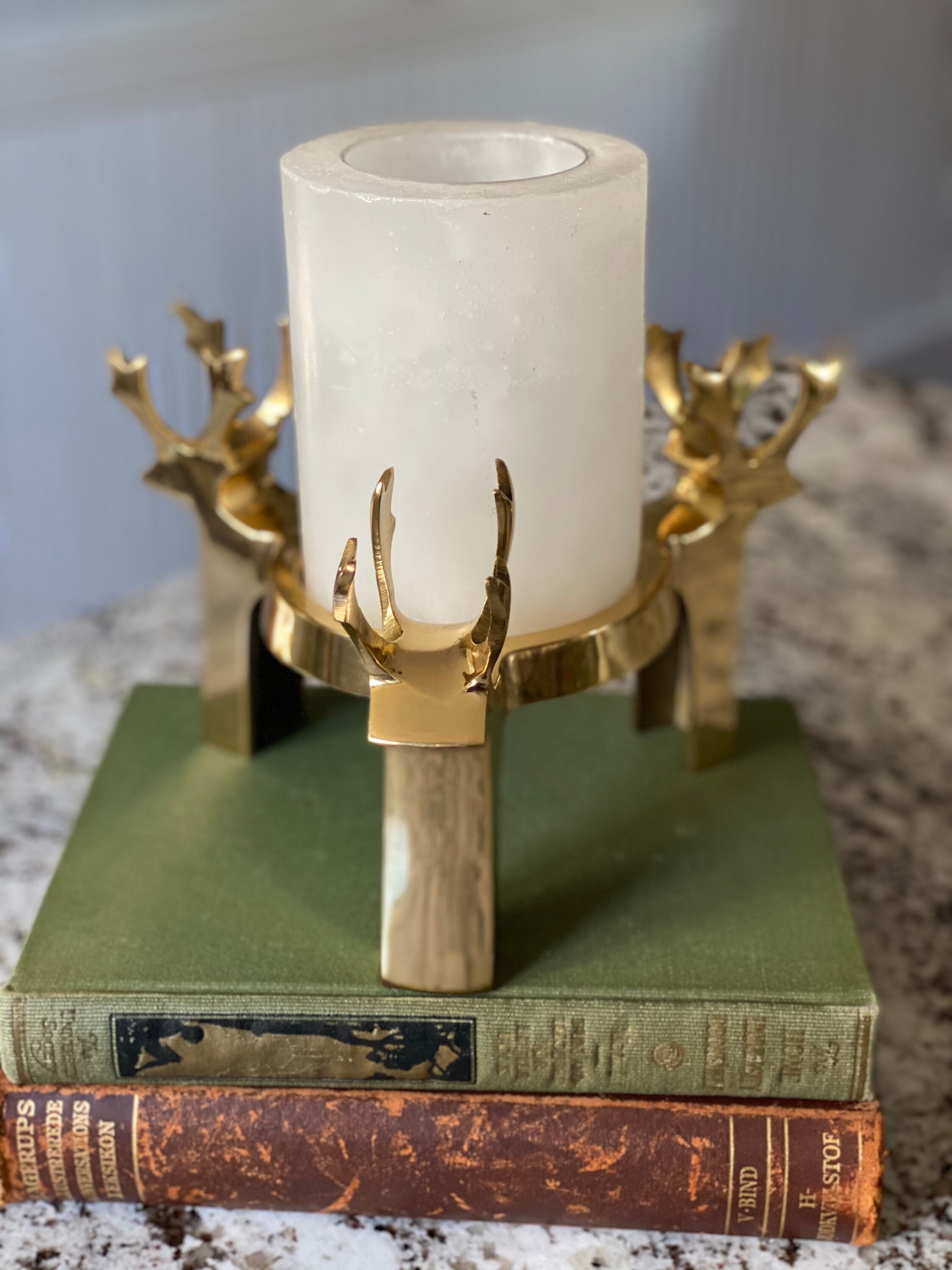 Vintage Brass Reindeer Candle Holder With White Pillar Candle Etsy