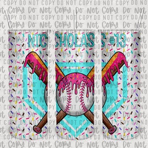 May include: A white tumbler with a blue background and a baseball, two crossed bats, and sprinkles. The text "Nicholas #13" is on the tumbler.