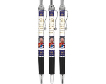 3X King Charles III Coronation Ballpoint Pens Commemorative Memorabilia Souvenirs Gift Set Black Retractable Ballpen