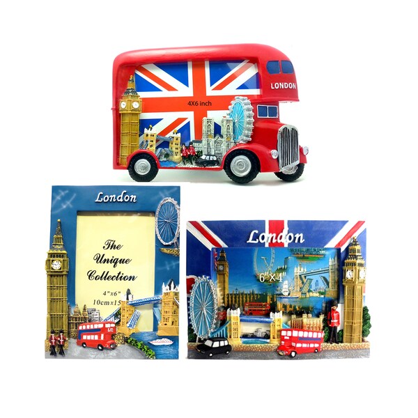 Cadre photo 6x4 pour photos, selfies, œuvres d'art pour enfants Souvenir de Londres | Cadres de table ou de bureau | Bus rouge à deux étages, cadeaux Big Ben