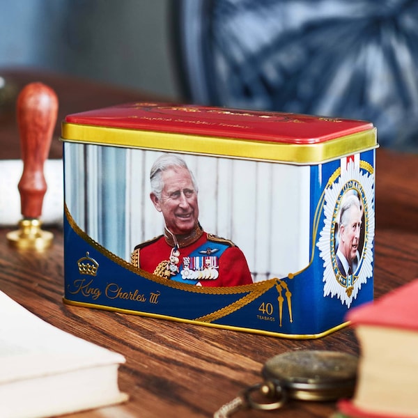Lata de té de coronación del rey Carlos III con 40 bolsitas de té para desayuno inglés, recuerdos conmemorativos, decoración, contenedores de té, recuerdos, regalo