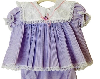 VINTAGE Baby Girl Dress and Bloomers Lilac Check Lace Collar Cradle Togs size 6-9 mo