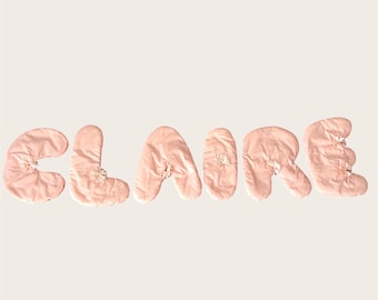 Vintage Nursery Name Banner – Handmade Fabric Letter Garland, Pink Eyelet Rosettes – “Claire”