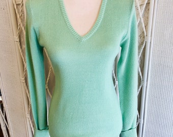 VINTAGE 70er Pullover Vneck Pullover Mint Grün Gerippt Acryl Gr. Medium