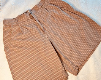 Vintage Checks Bermuda Shorts, Tan Peach Mom Style High Waist with Elastic, Elisabeth Brand Women Plus size 18