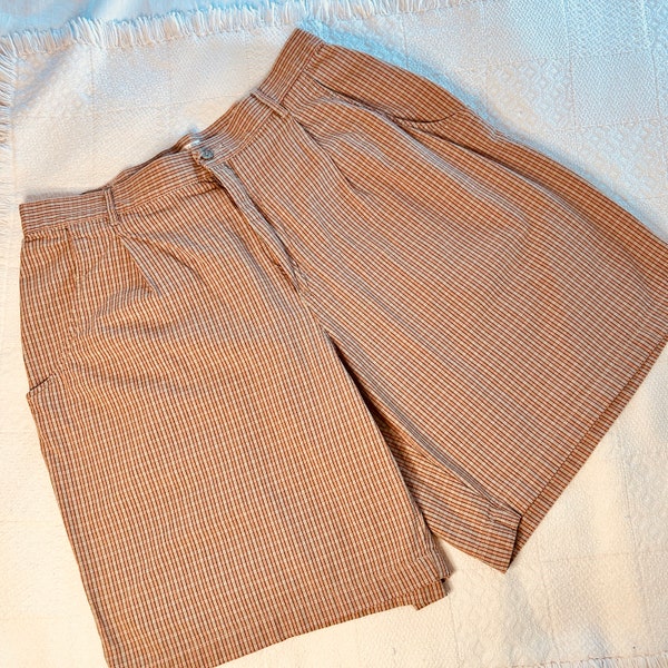 VINTAGE Shorts Checks Tan Peach Mom High Waist Bermuda Elastic Elisabeth size 18