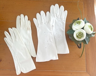 Vintage 1950s White Cotton Gloves 2 Pair | Lace Trim, Floral Embroidery, Bridal Tea Party