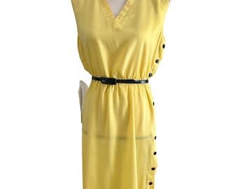 Vestido midi amarillo vintage de los años 70 con chaqueta corta negra y cinturón / Estilo retro de verano / Talla mediana