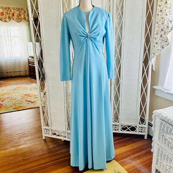 VINTAGE 1970s Maxi Dress Gown Light Blue Long Sle… - image 2