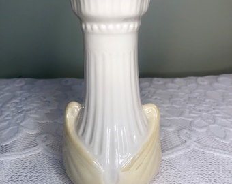 Belleek Moore Vase Vintage Ireland Ivory with Yellow Lustre Scallop Rim Green Mark