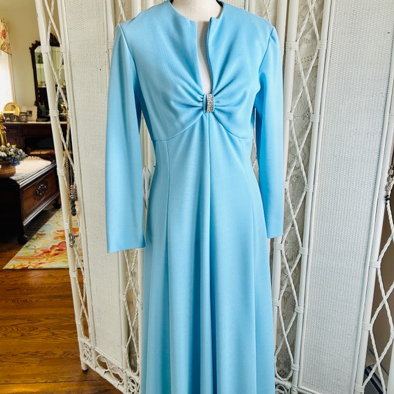 VINTAGE 1970s Maxi Dress Gown Light Blue Long Sle… - image 3