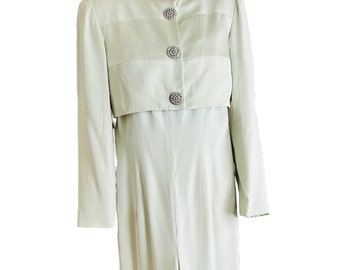 Vintage 1970s Mint Green Jumpsuit with Crop Jacket, Wide Palazzo Pants Satin Band Rhinestone Buttons Morton Myles for Warrens Saks Fifth Ave