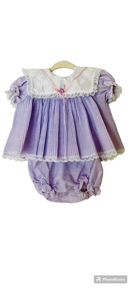 VINTAGE Baby Girl Dress and Bloomers Lilac Check L