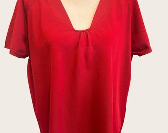 Vintage Talbots Red Smooth Knit Sweater 2X | Gathered V Neck Short Sleeve Layering