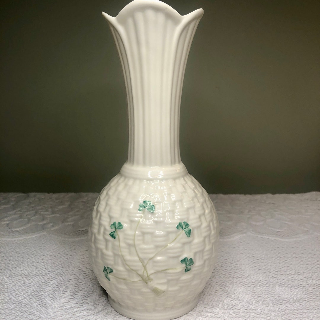 BELLEEK Sperrin Vase Shamrock Basketweave 8th Mark Blue Etsy