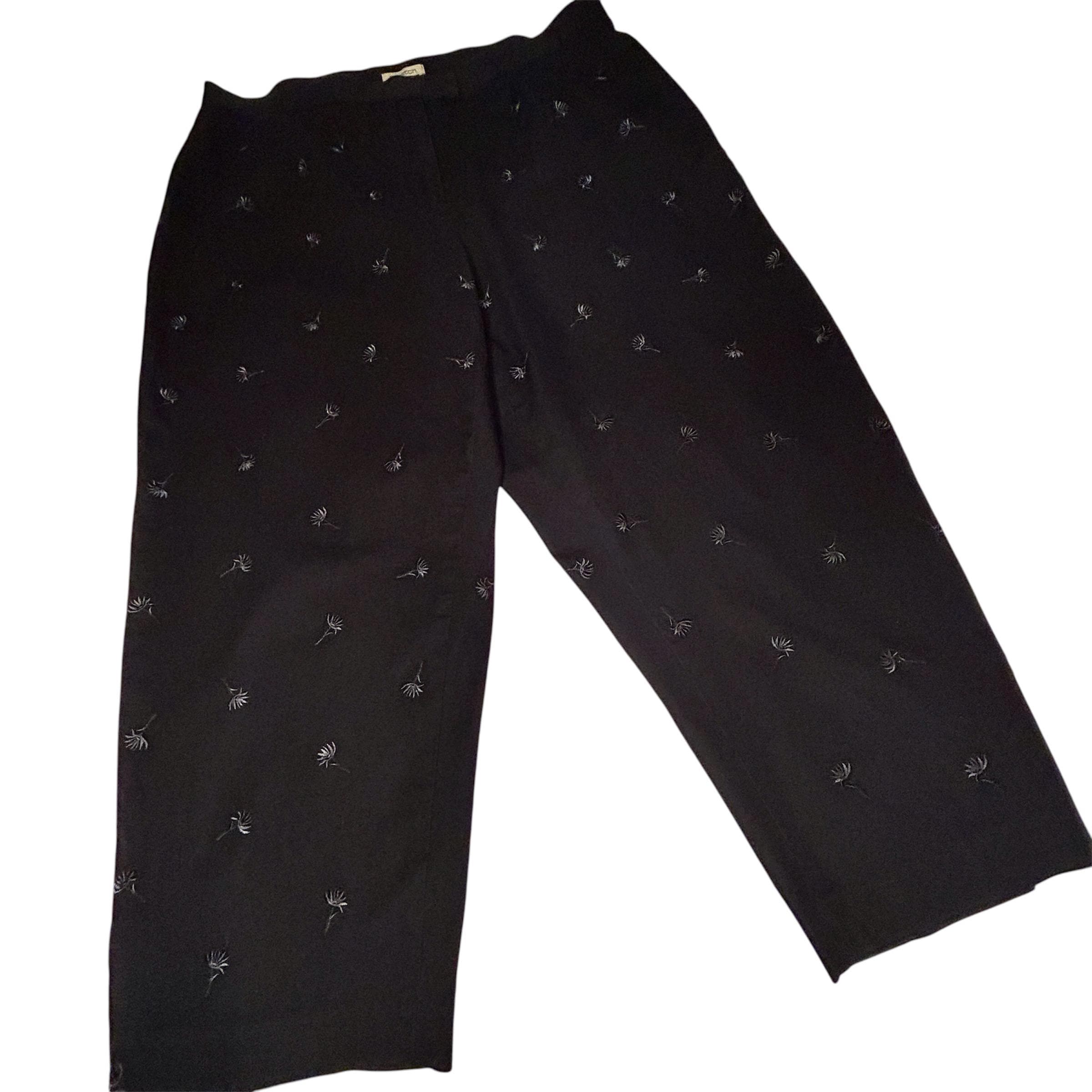 Vintage 1990s Pants Black Embroidered Palm Floral Stretch High Waist Jones New York Country Summer Ankle Length Women's size 18W