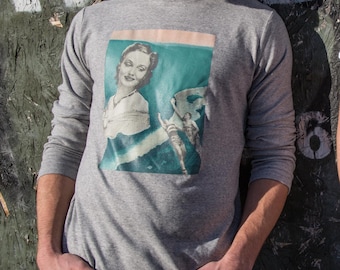 Femme Fatale Graphic Long Sleeve Tee: Handmade Collage Print Wearable Art
