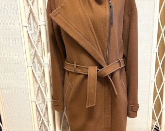 Vintage Wool Blend Trench Coat: Pecan Brown Belted Euro Style, Size Medium