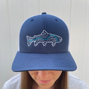 Blue, White, Montana Hat, Blackfoot River, Fly Fishing, Topographic, Westslope Cutthroat Trout, Big Blackfoot, Trout Fishing, Trucker Hat