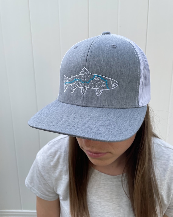 Gray, White, Montana Hat, Blackfoot River, Fly Fishing, Topographic, Westslope Cutthroat Trout, Big Blackfoot, Trout Fishing, Trucker Hat