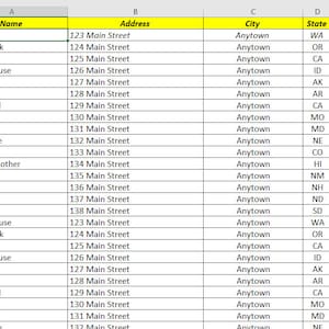 May include: A spreadsheet with a list of names, addresses, cities, states, and zip codes. The names are fictional characters, and the addresses are all on Main Street in Anytown.