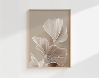 Japandi Ginkgo Leaf Wall Art – Minimalist Neutral Beige – Digital Download