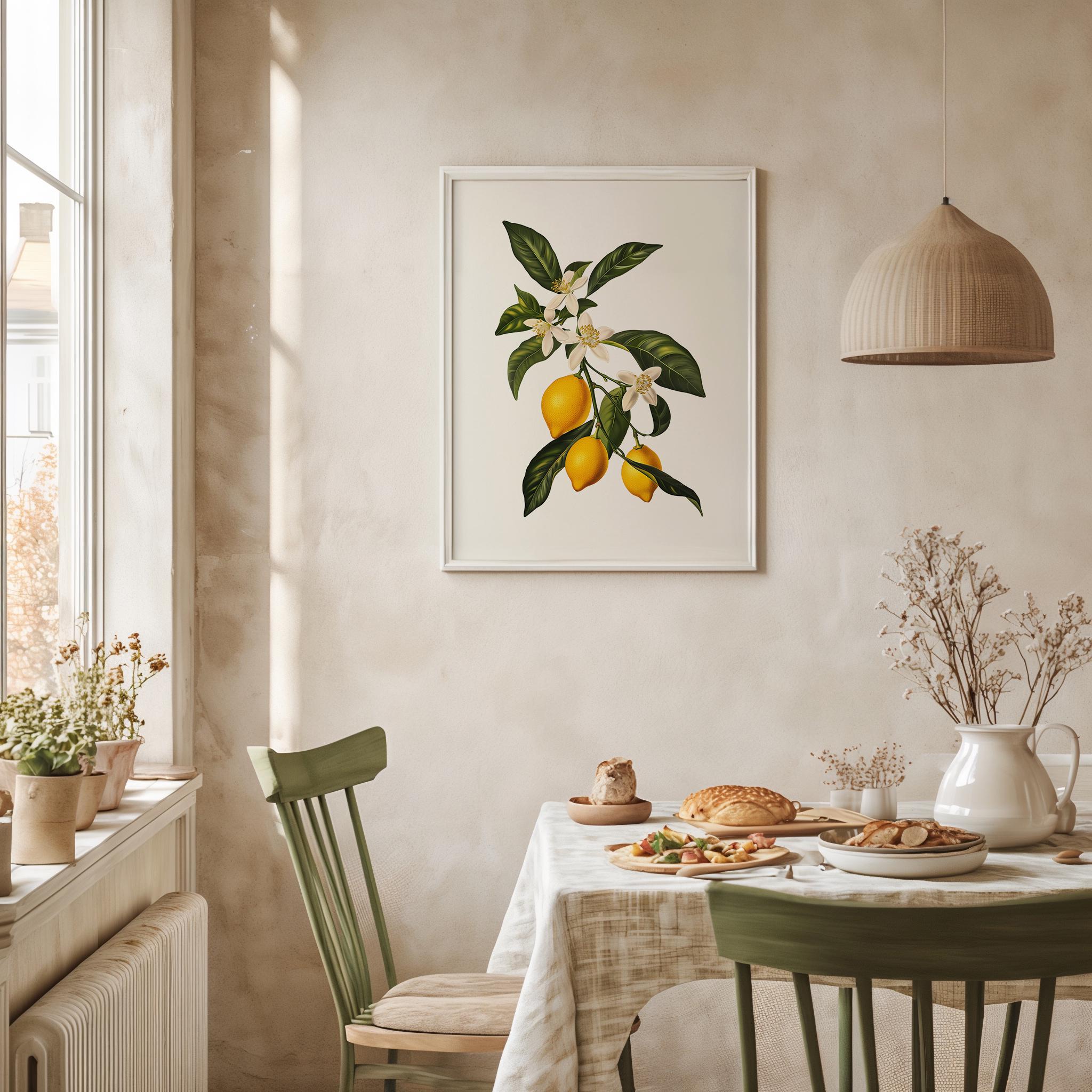 レモンの植物画ウォールアートプリント：キッチンやダイニングルーム