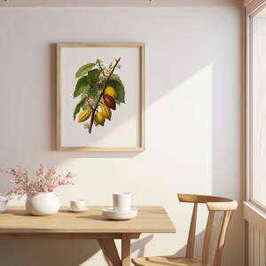 May include: A framed botanical print of a cocoa plant branch with green leaves and yellow and brown cocoa pods. The print is in a light wood frame and hangs on a white wall. A wooden table with a white vase and tea set is in the foreground.
