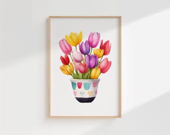 Tulpenstrauß Print - Bunte Aquarell Tulpen in Dekorativem Topf Illustration (Digitaler Download)