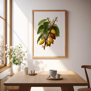 May include: A framed botanical print featuring a detailed illustration of a cacao branch with green leaves, yellow and brown pods, and small white flowers. The print is in a light wood frame, displayed in a well-lit room.