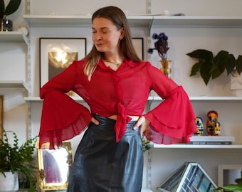 Vintage Vera Mont blouse, 1990's see-through sheer red blouse, Size M-L US 6-8 | UK 10-12 | EU 38-40