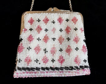 Vintage purse, 1960s beaded flower rhinestone evening hand bag, pink white
