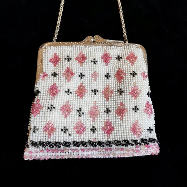 Vintage purse, 1960s beaded flower rhinestone evening hand bag, pink white