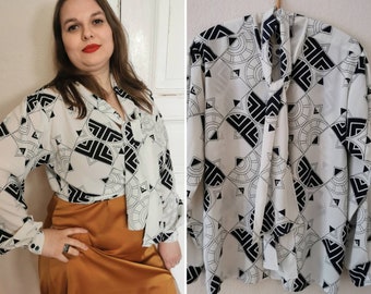 Vintage blouse, 1980's Louis Feraud scarf blouse, vintage scarf blouse, vintage Louis Feraud, gemoetric blouse, L-XL | US 10-16 | 12-18