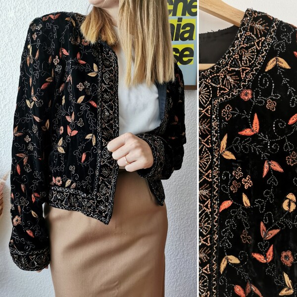 Perlen Samt 90er Jahre Vintage Jacke bestickte Strickjacke Blumen Blätter Herbst, Größe S-L | UK 4-8 | US 8-12 | 36-40