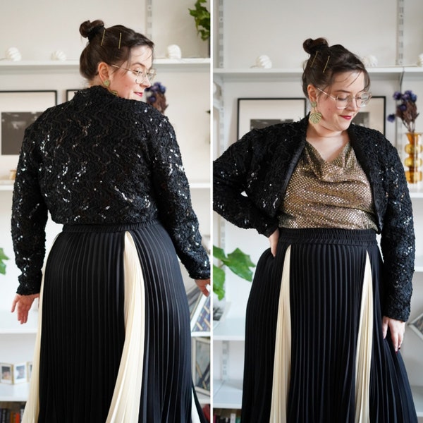 Vintage Bolero, 1980er Jahre schwarze Pailletten kurze Glitzerjacke, Neujahr Weihnachtsfeier Blazer, Jahn & Pill US 12 | UK 16 | EU 44