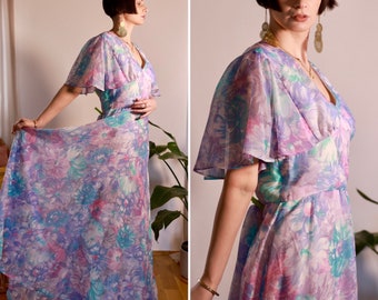 Vintage dress, 1970's Vera Mont flower hippie party prom wedding maxi dress, size M | US 6-8 | UK 10-12 | EU 38-40