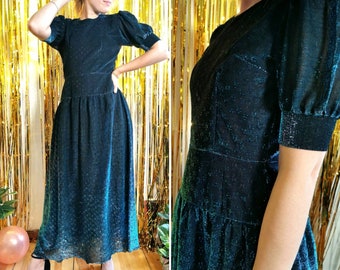 Vintage dress, 1980's lurex glitter maxi dress, green turquoise, M | US 8-10 | UK 10-12 | EU 36-38