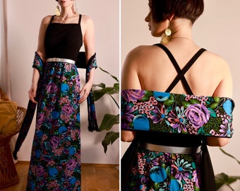 Vintage dress, 1970s floral hippie Maxi flower party prom dress with scarf, Size S | US 4 | UK 8 | EU 36